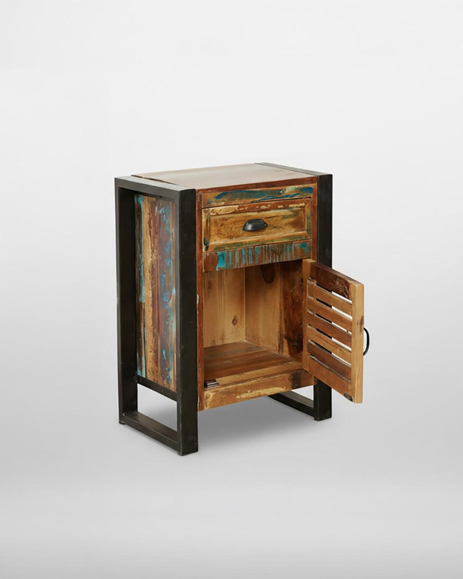 Urban Chic 1 Door 1 Drawer Lamp Table IRF10B, a rustic wooden lamp table with a single door and a drawer, featuring a distressed multicolor finish and a black metal frame. Urban Chic 1 Door 1 Drawer Lamp Table IRF10B, a rustic wooden lamp table with a single door and a drawer, featuring a distressed multicolor finish and a black metal frame.