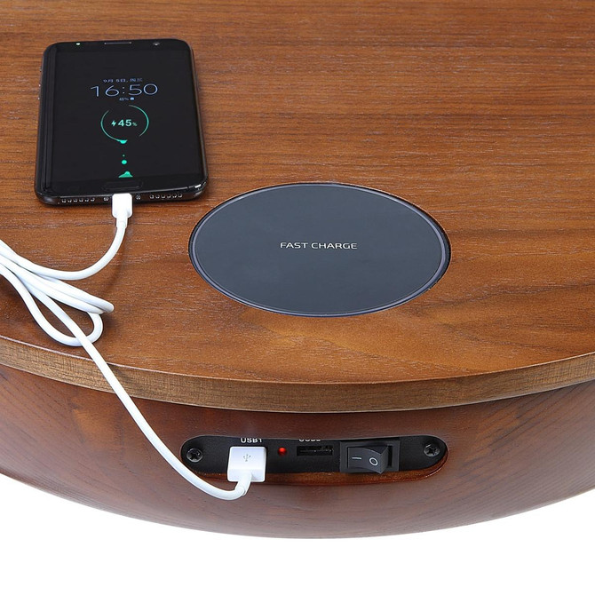 San Francisco Round Walnut Lamp Table With QI Wireless Charger, USB Ports and 2.1 Bluetooth Speakers JF710-W