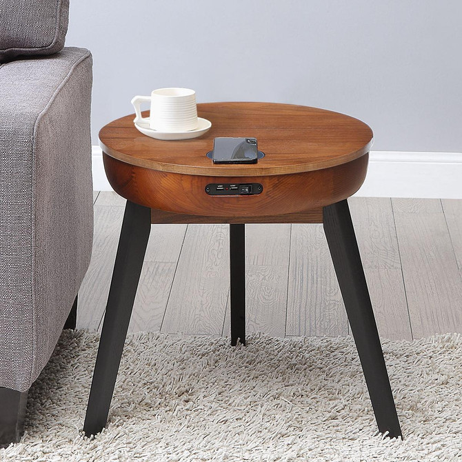 San Francisco Round Walnut Lamp Table With QI Wireless Charger, USB Ports and 2.1 Bluetooth Speakers JF710-W