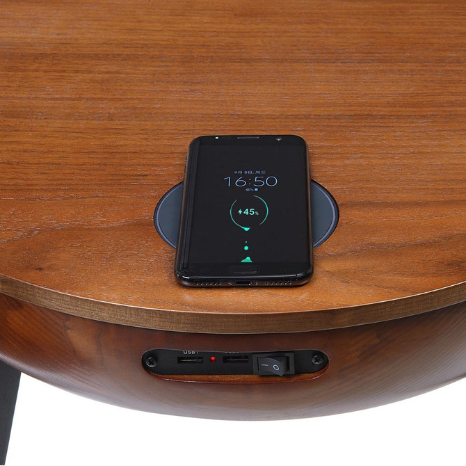 San Francisco Round Walnut Lamp Table With QI Wireless Charger, USB Ports and 2.1 Bluetooth Speakers JF710-W
