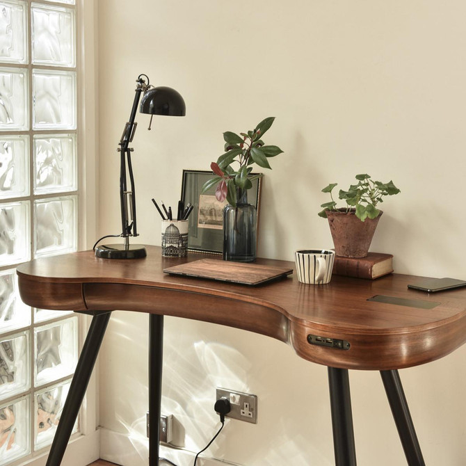 NuHolme Office Walnut Smart Desk With QI Wireless Charger, Bluetooth Speakers and USB Ports NUH001-WD