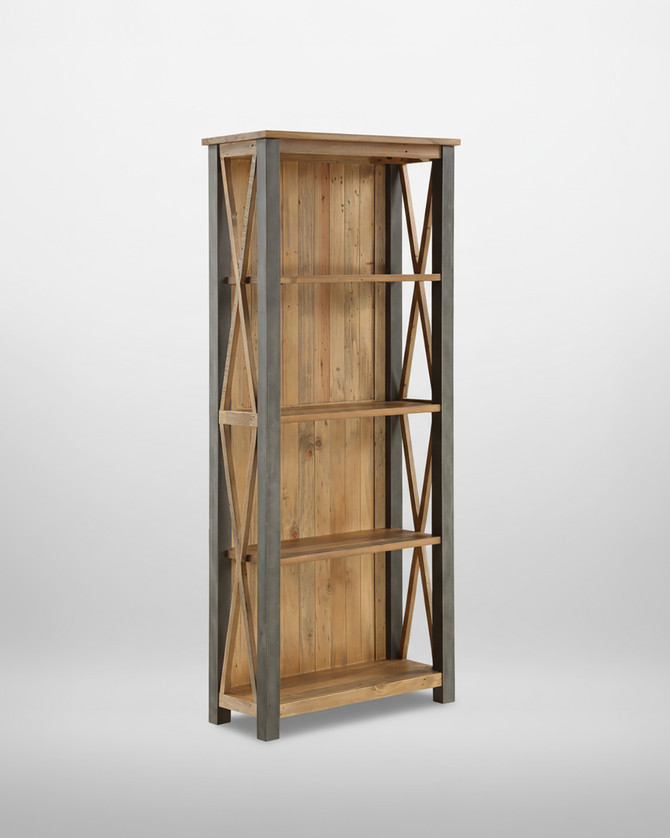 Hulstone Industrial Reclaimed Tall Bookcase WFS-BH-HUL01A, wooden and metal modern tall bookcase with a back panel and multiple shelves for storage.