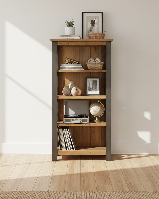 Hulstone Industrial Reclaimed Small Bookcase WFS-BH-HUL01B, a rustic wooden bookshelf with metal frame, four shelves for storage, and a modern industrial design.