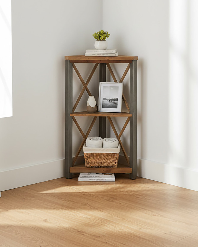 Hulstone Industrial Reclaimed Small Corner Bookcase WFS-BH-HUL01D, modern corner bookcase with wooden shelves and geometric crisscross design, suitable for stylish storage and display.