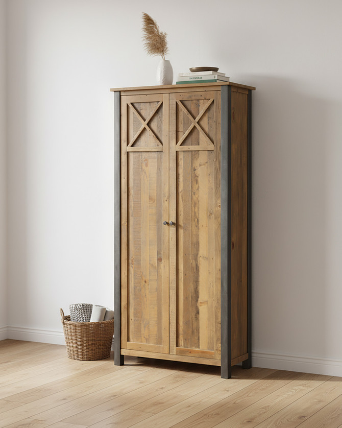 Hulstone Industrial Reclaimed Living Room Storage Cabinet WFS-BH-HUL01E, rustic wooden cabinet with two doors and metal accents for stylish storage.
