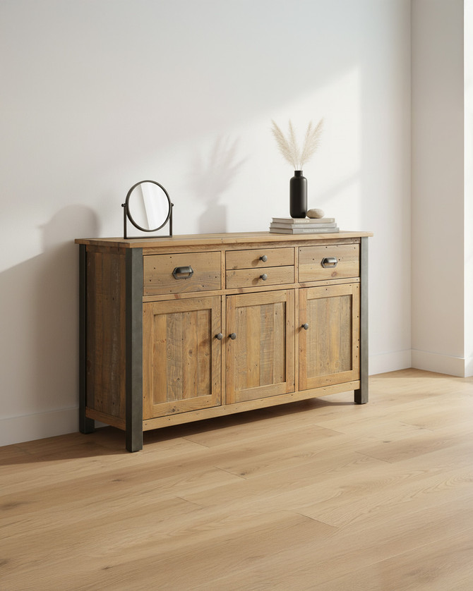 Hulstone Industrial Reclaimed Sideboard WFS-BH-HUL02A, rustic wooden sideboard with metal accents, three drawers and three cabinet doors, showcasing reclaimed wood craftsmanship.