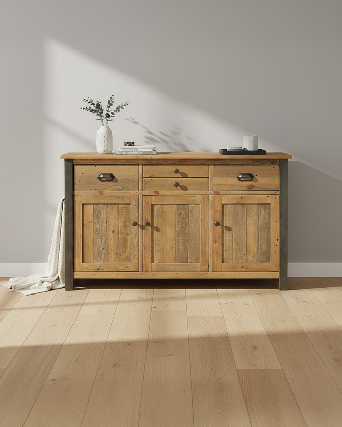 Hulstone Industrial Reclaimed Sideboard WFS-BH-HUL02A, rustic wooden sideboard with metal accents, three drawers and three cabinet doors, showcasing reclaimed wood craftsmanship.