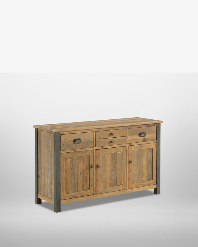 Hulstone Industrial Reclaimed Sideboard WFS-BH-HUL02A, rustic wooden sideboard with metal accents, three drawers and three cabinet doors, showcasing reclaimed wood craftsmanship.
