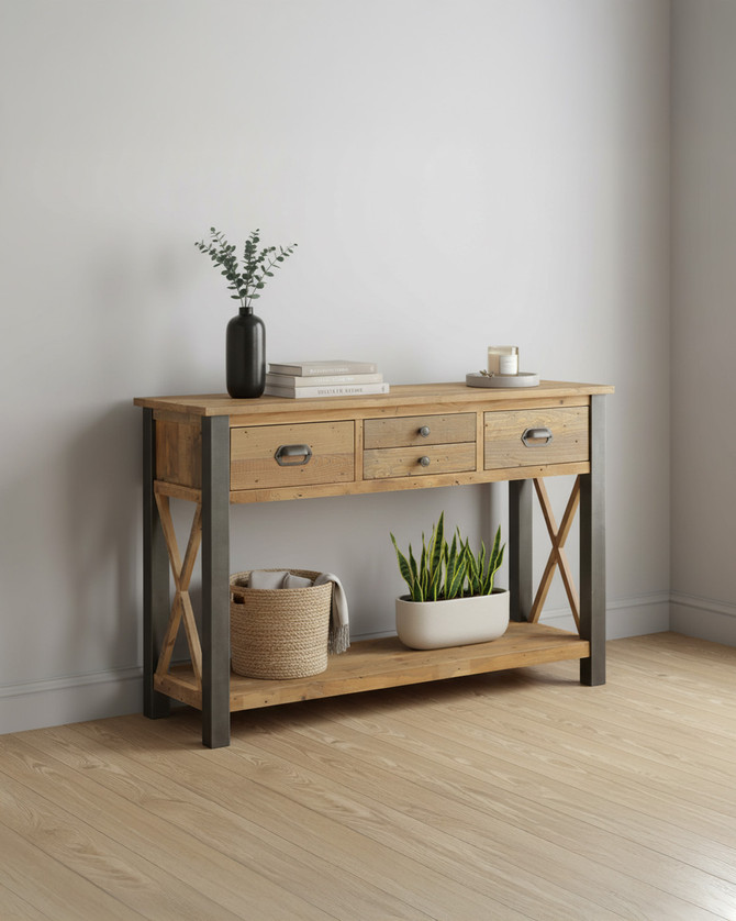 Hulstone Industrial Reclaimed Console Table WFS-BH-HUL02C, wooden and metal console table with three drawers and lower shelf, rustic and industrial design.