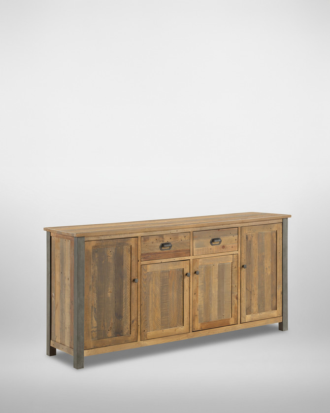 Hulstone Industrial Reclaimed Extra Large Sideboard WFS-BH-HUL02D, wooden sideboard with metal accents, featuring multiple drawers and cabinets for storage.
