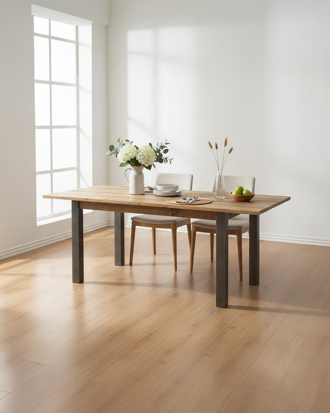 Hulstone Industrial Reclaimed Extending Dining Table WFS-BH-HUL04B, a wooden dining table with a natural finish and sturdy metal legs, extending for versatile seating arrangements.