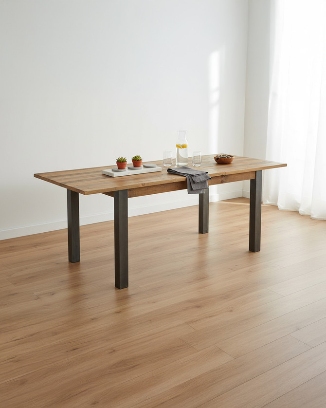 Hulstone Industrial Reclaimed Extending Dining Table WFS-BH-HUL04B, a wooden dining table with a natural finish and sturdy metal legs, extending for versatile seating arrangements.