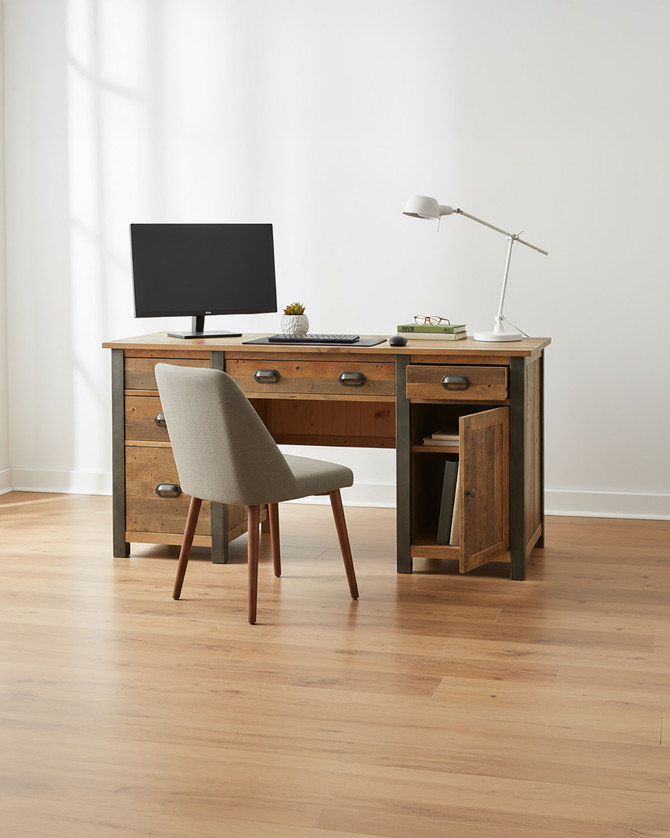 Hulstone Industrial Reclaimed Twin Pedestal Home Office Desk WFS-BH-HUL06B, rustic wooden desk with metal accents, multiple drawers, and cabinet for storage, ideal for an industrial-style workspace.