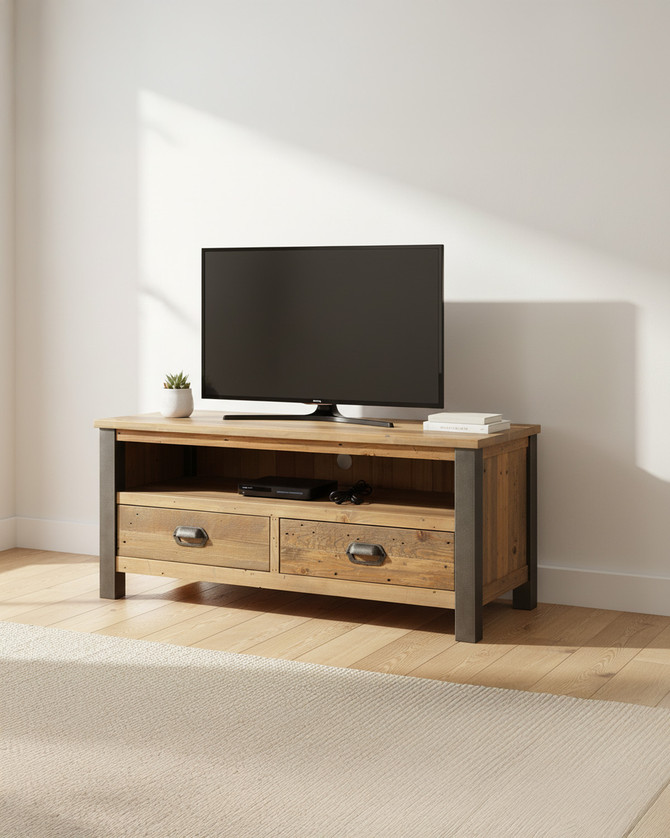 Hulstone Industrial Reclaimed Widescreen TV Cabinet WFS-BH-HUL09A, a rustic wooden TV stand with two drawers and metal handles, featuring a natural reclaimed wood finish and sturdy metal legs.