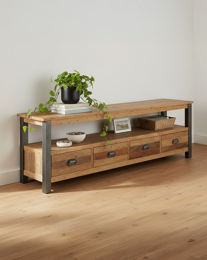Hulstone Industrial Reclaimed Extra Large Widescreen TV unit WFS-BH-HUL09B, wooden TV stand with four drawers and a spacious top surface, industrial-style metal legs, and rustic finish.