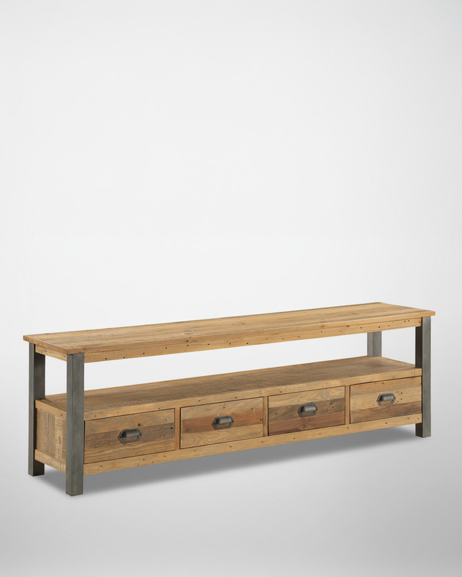 Hulstone Industrial Reclaimed Extra Large Widescreen TV unit WFS-BH-HUL09B, wooden TV stand with four drawers and a spacious top surface, industrial-style metal legs, and rustic finish.