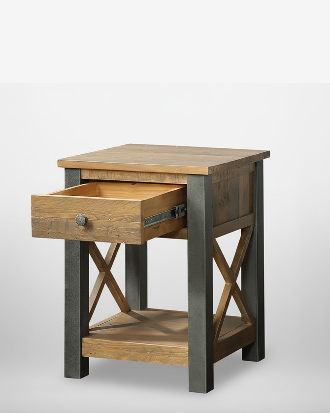 Hulstone Industrial Reclaimed Lamp Table With Drawer WFS-BH-HUL10B, rustic wooden side table with a drawer and lower shelf, metal legs and accents.