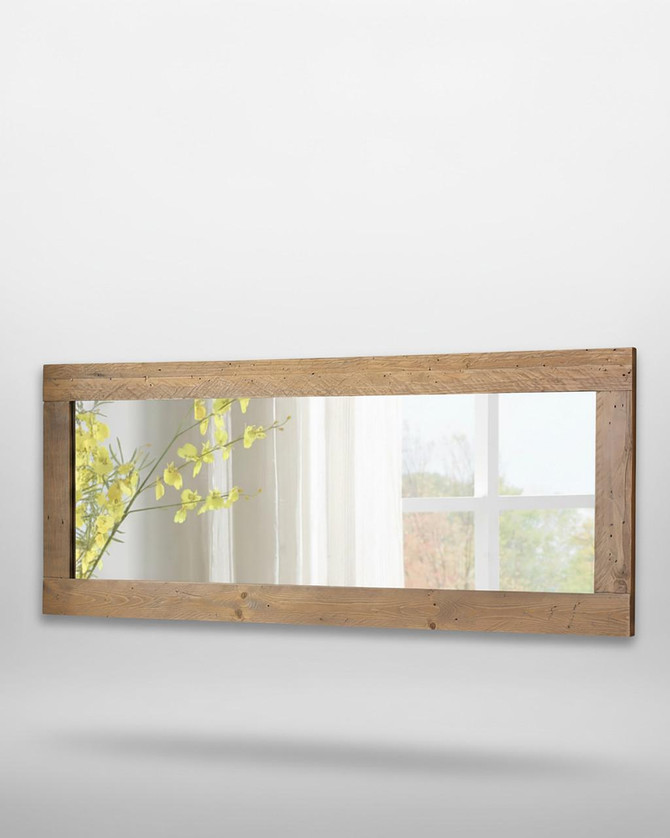 Urban Elegance Reclaimed Extra Long Wall Mirror VPR16A, wooden framed mirror reflecting a window with view of outdoor trees and yellow flowers.