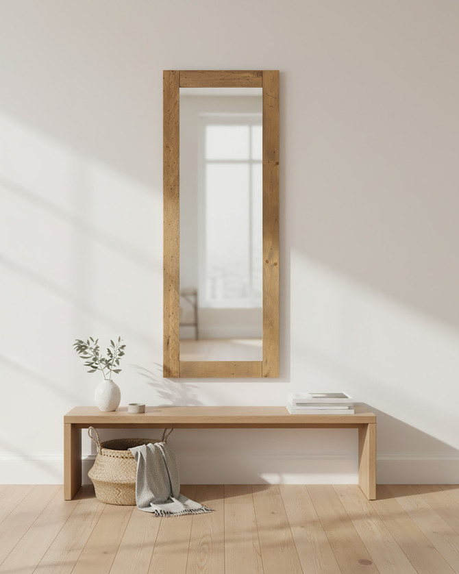 Hulstone Industrial Reclaimed Extra Long Wall Mirror WFS-BH-HUL16A, a full-length mirror with a natural reclaimed wood frame standing on a white background. Hulstone Industrial Reclaimed Extra Long Wall Mirror WFS-BH-HUL16A, a full-length mirror with a natural reclaimed wood frame standing on a white background.