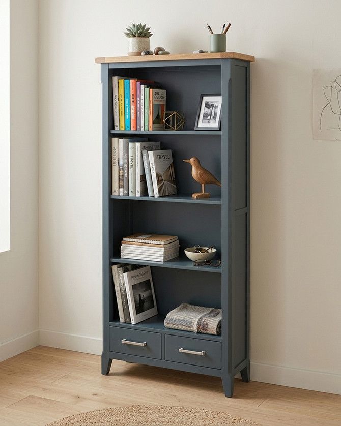 Anchorage Blue Tall Bookcase WFS-BH-ANC01B, blue wooden bookshelf with three open shelves and two small drawers at the bottom, topped with a light wood finish.
