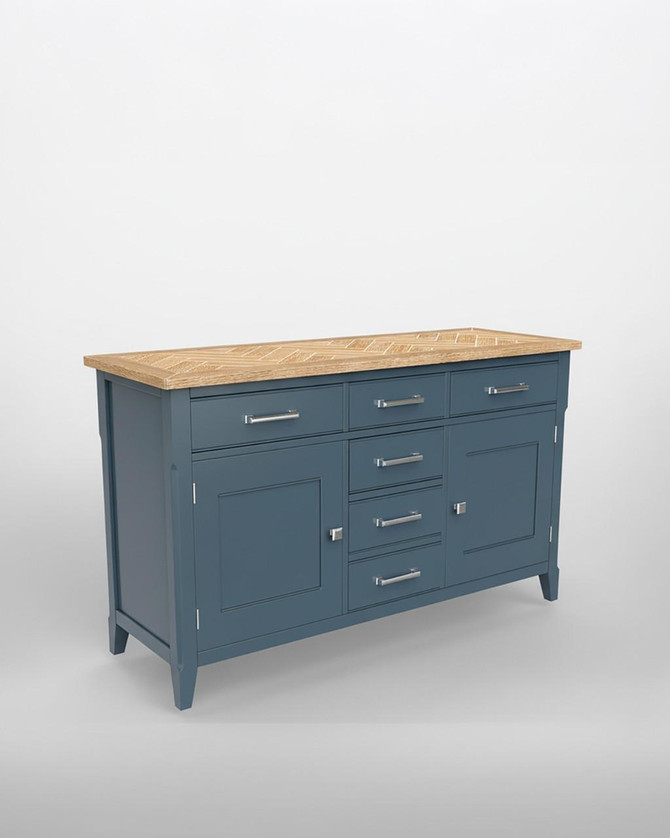 Signature Blue Large Sideboard CFR02A, a stylish blue sideboard with a natural wood top, featuring multiple drawers and cabinet storage with silver handles.