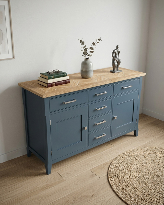 Anchorage Blue Large Sideboard WFS-BH-ANC02A, a stylish blue sideboard with a natural wood top, featuring multiple drawers and cabinet storage with silver handles.