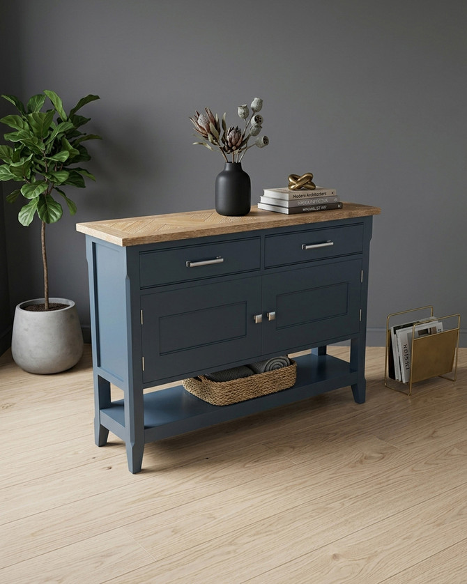 Anchorage Blue Small Sideboard / Hall Console Table WFS-BH-ANC02B, a blue wooden sideboard with a natural wood top surface, featuring two drawers and two cabinet doors for storage.