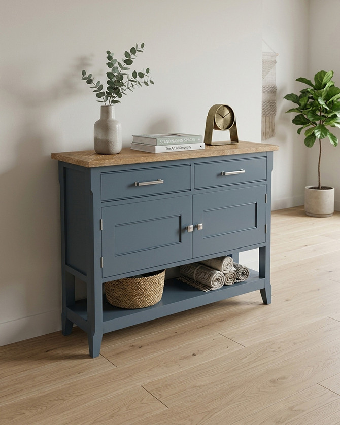 Anchorage Blue Small Sideboard / Hall Console Table WFS-BH-ANC02B, a blue wooden sideboard with a natural wood top surface, featuring two drawers and two cabinet doors for storage.