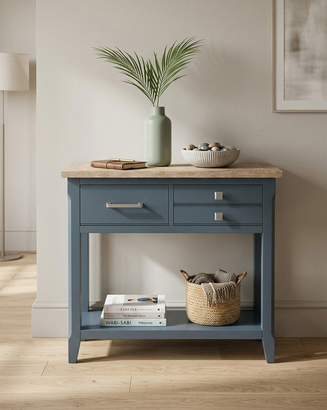 Anchorage Blue Reclaimed Small Console Table WFS-BH-ANC02D, showing a stylish console table with a wooden top and blue painted finish on the body and legs.