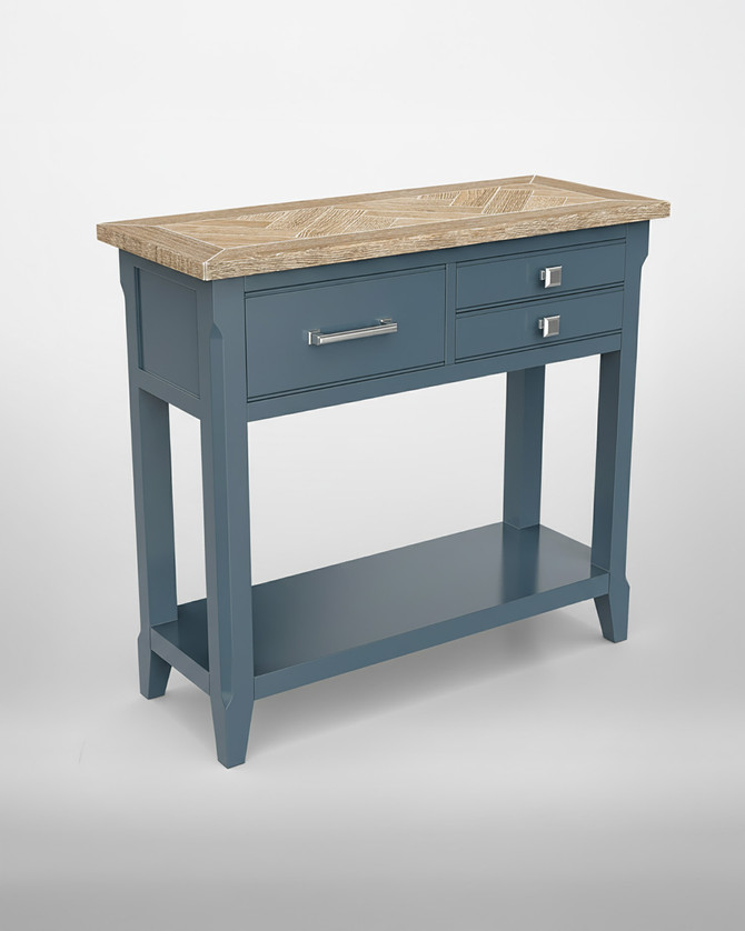 Anchorage Blue Reclaimed Small Console Table WFS-BH-ANC02D, showing a stylish console table with a wooden top and blue painted finish on the body and legs.