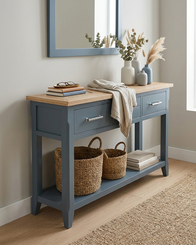Anchorage Blue Console Table WFS-BH-ANC02E, a stylish blue wooden console table with a natural wood top, three drawers with metallic handles, and an open lower shelf for additional storage.