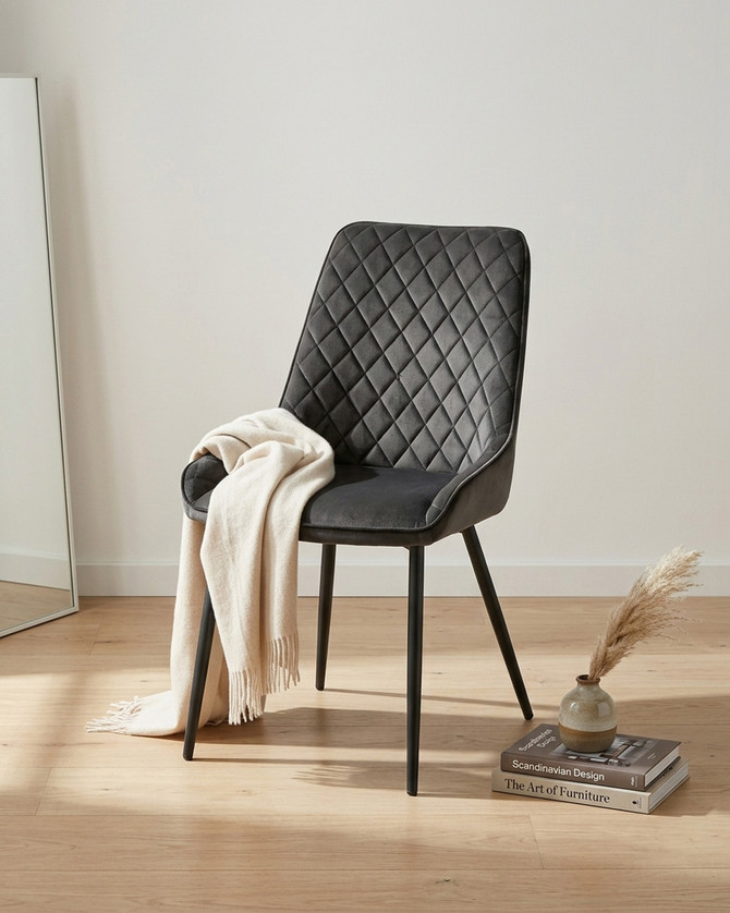 Anchorage Blue Dining Chair, Pack of Two - Gun Metal Grey, WFS-BH-ANC03C, modern dining chair with quilted upholstery and sleek black legs.