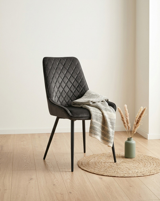 Anchorage Blue Dining Chair, Pack of Two - Gun Metal Grey, WFS-BH-ANC03C, modern dining chair with quilted upholstery and sleek black legs.