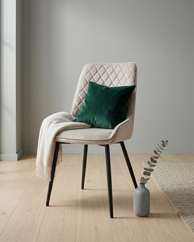 Anchorage Blue Dining Chair, Pack of Two - MINK - WFS-BH-ANC03D, beige upholstered dining chairs with diamond quilted pattern and black tapered legs.