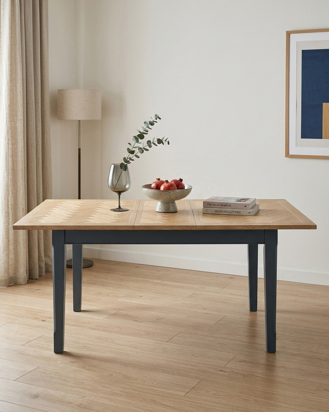 Anchorage Blue Extending Dining Table WFS-BH-ANC04A, a modern dining table with a light wooden top and blue legs, in an extended position.