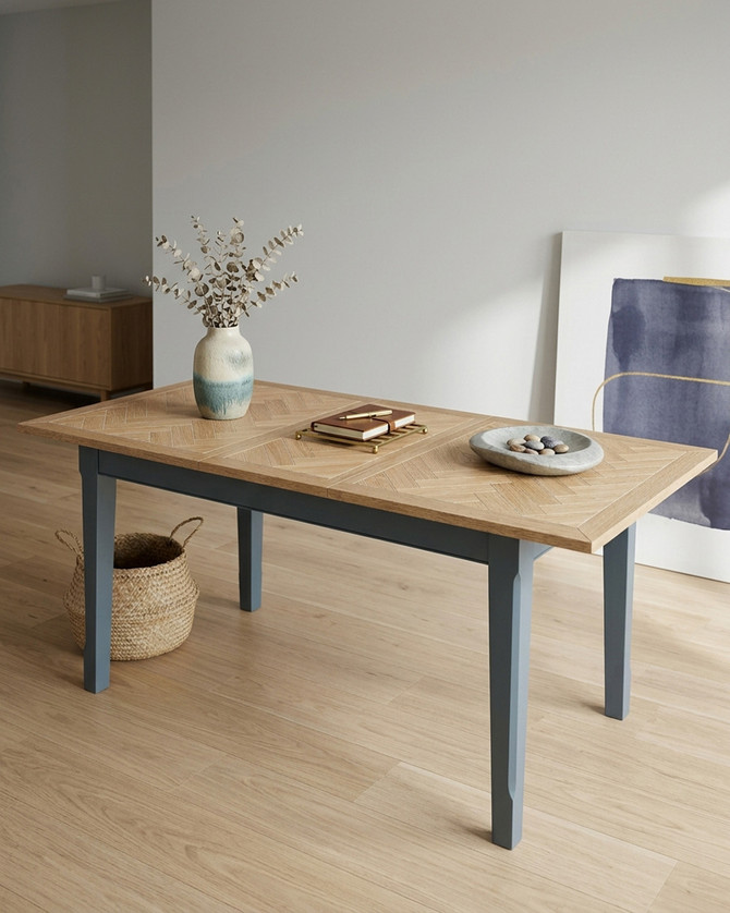 Anchorage Blue Extending Dining Table WFS-BH-ANC04A, a modern dining table with a light wooden top and blue legs, in an extended position.