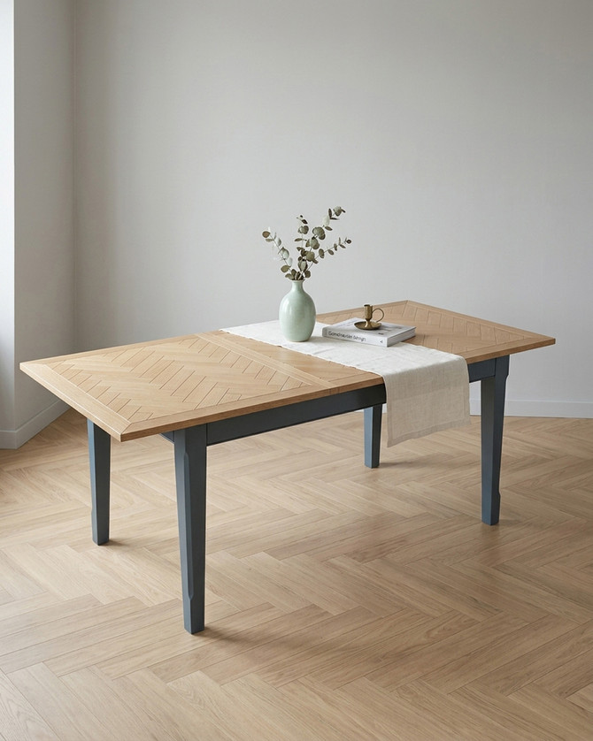 Anchorage Blue Extending Dining Table WFS-BH-ANC04A, a modern dining table with a light wooden top and blue legs, in an extended position.