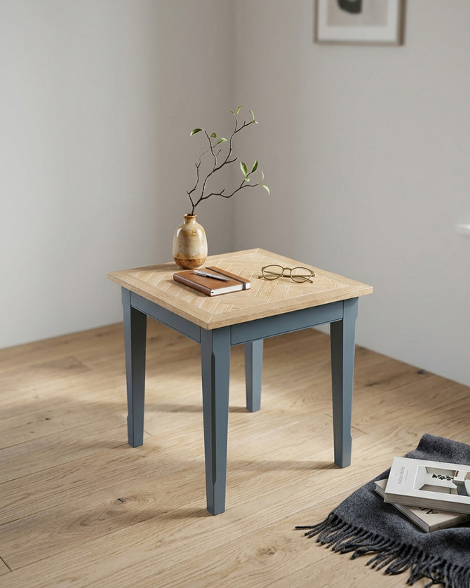 Anchorage Blue Square Dining Table WFS-BH-ANC04B, modern square dining table with a natural wood top and blue-painted legs.
