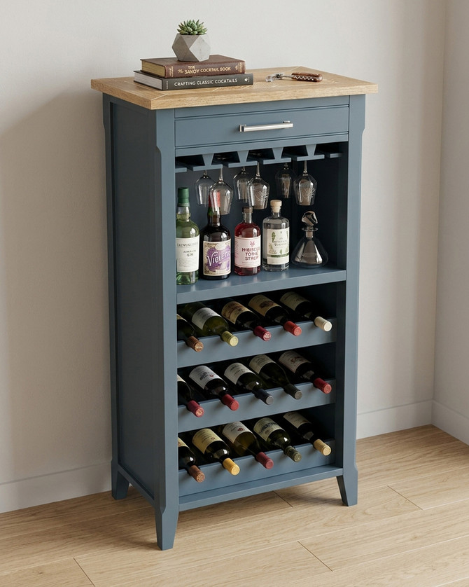 Anchorage Blue Wine Rack / Glass Storage Cabinet WFS-BH-ANC05A, Blue wine rack with wooden top and multiple wine bottle slots and glass holder.