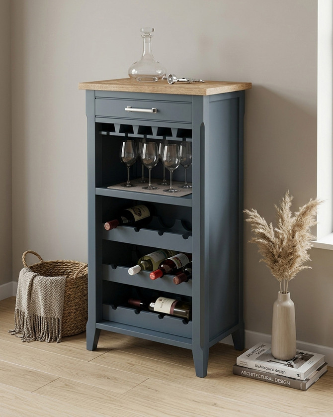 Anchorage Blue Wine Rack / Glass Storage Cabinet WFS-BH-ANC05A, Blue wine rack with wooden top and multiple wine bottle slots and glass holder.