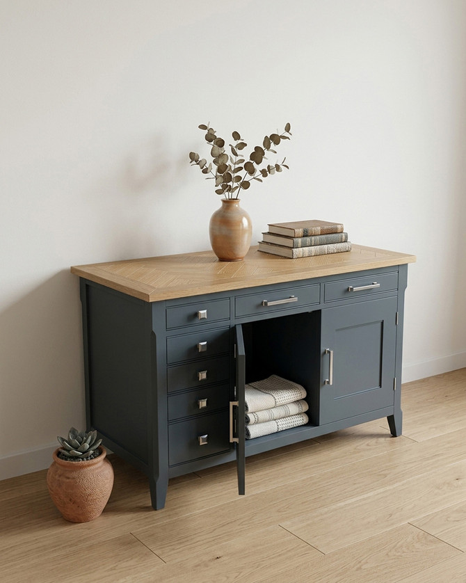 Anchorage Blue Hidden Home Office Desk WFS-BH-ANC06A, versatile blue desk with a natural wood top, multiple storage drawers, and open cabinets suitable for home office use.