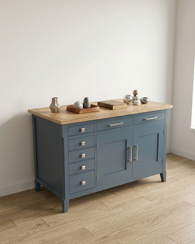 Anchorage Blue Hidden Home Office Desk WFS-BH-ANC06A, versatile blue desk with a natural wood top, multiple storage drawers, and open cabinets suitable for home office use.