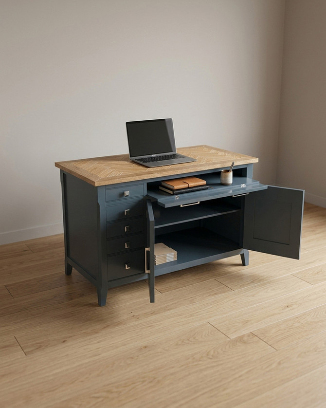 Anchorage Blue Hidden Home Office Desk WFS-BH-ANC06A, versatile blue desk with a natural wood top, multiple storage drawers, and open cabinets suitable for home office use.