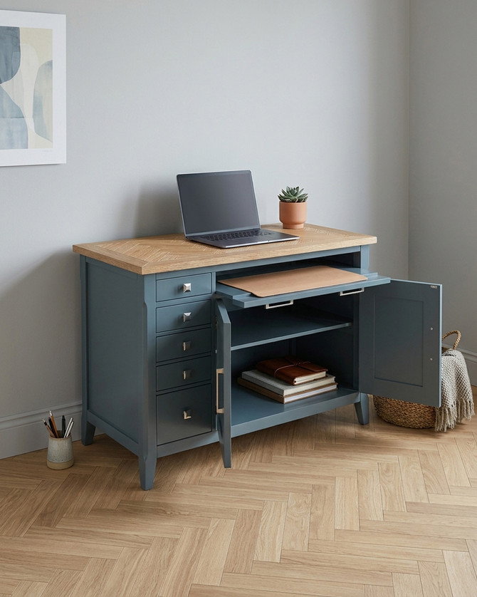Anchorage Blue Hidden Home Office Desk WFS-BH-ANC06A, versatile blue desk with a natural wood top, multiple storage drawers, and open cabinets suitable for home office use.
