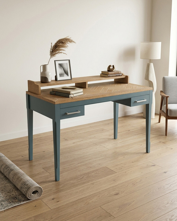 Anchorage Blue Desk / Dressing Table WFS-BH-ANC06B, a stylish study desk with a blue finish, wooden top, and a raised wooden shelf for organisation.