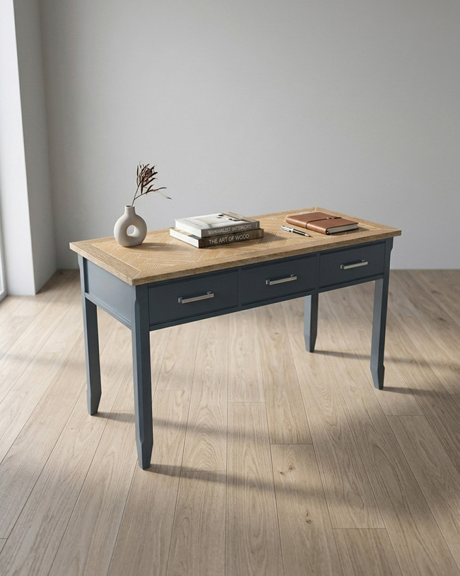 Anchorage Blue Desk / Dressing Table WFS-BH-ANC06C, a stylish study desk with a blue finish, wooden top, and a raised wooden shelf for organisation.