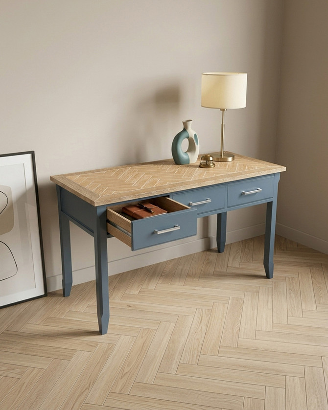 Anchorage Blue Desk / Dressing Table WFS-BH-ANC06C, a stylish study desk with a blue finish, wooden top, and a raised wooden shelf for organisation.