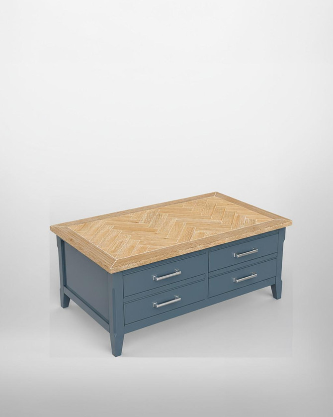 Signature Blue Coffee Table with Drawers & Storage CFR08A, blue and wooden coffee table with four drawers and a top surface made of wood with a herringbone pattern.