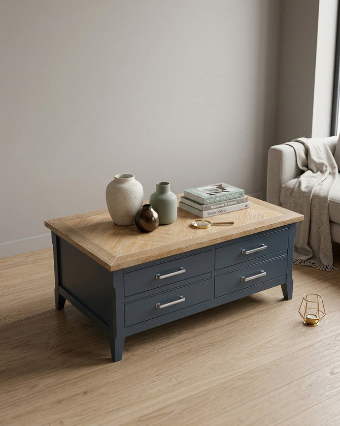 Anchorage Blue Coffee Table with Drawers & Storage WFS-BH-ANC08A, blue and wooden coffee table with four drawers and a top surface made of wood with a herringbone pattern.