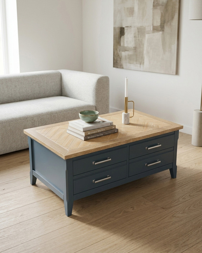 Anchorage Blue Coffee Table with Drawers & Storage WFS-BH-ANC08A, blue and wooden coffee table with four drawers and a top surface made of wood with a herringbone pattern.